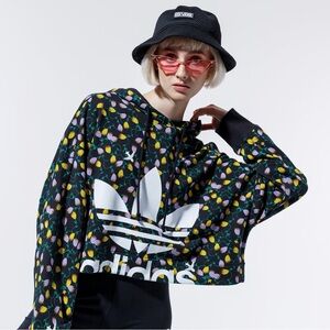 ADIDAS Originals Cropped Hoodie Loose Fit Drawcord Allover Print Long Sleeve